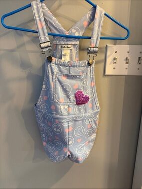 Derek Heart Light Blue Smiley & Pink Heart Sequin Overalls
